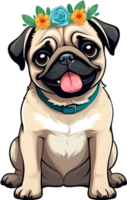 A grumpy but adorable pug puppy is wearing a flower crown. AI-Generated. png