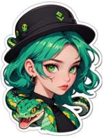 dessin animé magnifique femelle personnage avec vert cheveux et vert yeux avec serpent autocollant avec blanc frontière png