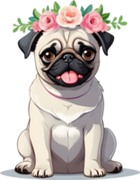 A grumpy but adorable pug puppy is wearing a flower crown. AI-Generated. png