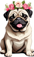 A grumpy but adorable pug puppy is wearing a flower crown. AI-Generated. png