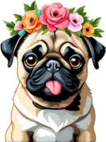 A grumpy but adorable pug puppy is wearing a flower crown. AI-Generated. png