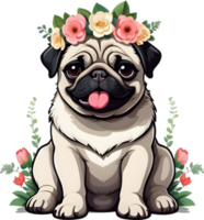 A grumpy but adorable pug puppy is wearing a flower crown. AI-Generated. png