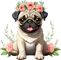 A grumpy but adorable pug puppy is wearing a flower crown. AI-Generated. png