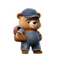 cartoon teddy bear in overalls with backpack and cap with alpha channel png