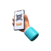 The hand holds a smartphone for payment with a QR code. 3d render. png