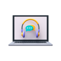 Call center with chat bubble. 3D headphones with chat on laptop screen, support service icon png
