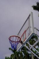 Close-up view of a basketball basket against a cloudy sky background. photo