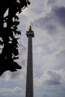 Central Jakarta, January 30, 2024 - The pink flowers look beautiful against the backdrop of the Indonesian National Monument. photo