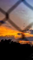 shot of the iron net fence against the background of an orange sky in the afternoon. photo