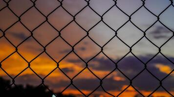 shot of the iron net fence against the background of an orange sky in the afternoon. photo