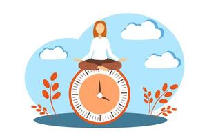 Time management. Woman sitting on the clock vector