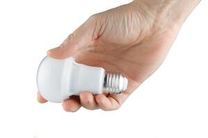 energía ahorro lámpara en mano aislar. ligero bulbo en mano foto