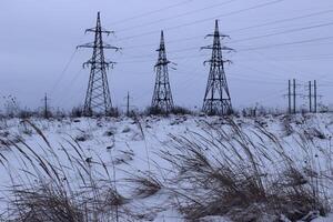 Power Lines Stretching across Snowy Field photo