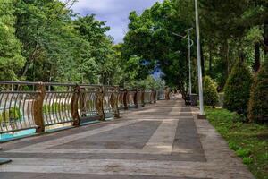 la carretera en serpong ciudad parque, sur Tangerang con arboles y río la seguridad cerca. foto