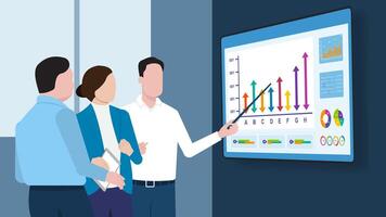 The manager of the company's operations presents at a meeting. A diverse team uses a TV screen that displays data, statistics, charts, and growth analysis. illustration eps10 vector