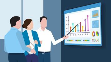 el gerente de el de la empresa operaciones regalos a un reunión. un diverso equipo usos un televisión pantalla ese muestra datos, Estadísticas, gráficos, y crecimiento análisis. ilustración eps10 vector