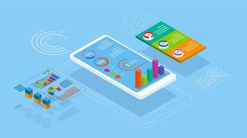 Application of Smartphone with Market trend analysis, business graph, analytics data and Data Visualization. Illustration eps10 vector