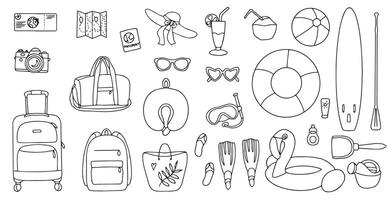 Hand drawn set of summer vacation elements, luggage and bathing accessories. Travel element drawn in doodle style. Illustration for banner, background, badge, logo design. vector