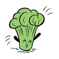 Green cabbage Broccoli doodle drawing, funny healthy eating illustration, isolated on white background. vector