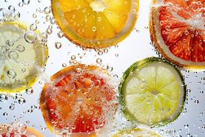 gaseado beber, menta hojas y Fruta rebanadas de limón, Lima y naranja flotante en él. Hora de verano antecedentes. foto