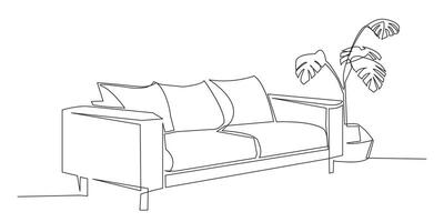 Continuous one line drawing of sofa and with potted plant. Single line. vector