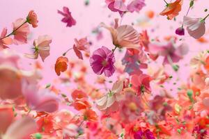 Abstract explosion of many colorful flowers and petals on a uniform background. photo