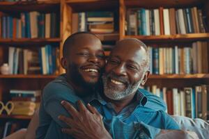 Smiling african american son hugging elderly father with beard. Two generations of men enjoy meeting on Father's Day. photo