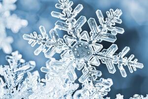 A snowflake under a microscope in the shape of a six-pointed star. photo