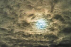 Partial solar eclipse passing behind the clouds. photo