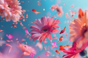 Abstract explosion of many colorful flowers and petals on a uniform background. photo