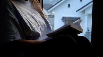 Mädchen mit Roman Buch im Hände liest während Sitzung durch geöffnet Fenster auf Schwelle. weiblich Leser im gemütlich Zuhause beim lesen Hobby. sich ausruhen mit Literatur Stress Erleichterung. Frau sitzt auf Fensterbrett mit Theater Geschichte video