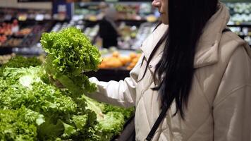 giovane brunetta donna esamina verde insalata, la scelta verde insalata accuratamente nel supermercato, focalizzata su verde insalata qualità. ideale per in mostra fresco produrre e salutare stile di vita scelte video