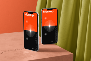 Mobile mockup with wall and curtains background psd