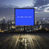 square frame mockup on a wooden floor with city skyline in the background psd