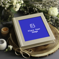 photo album mockup on a wooden plate templet psd