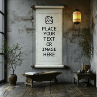 mockup of a scroll banner in a room with a wooden table and potted plants psd