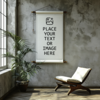 old house on Chair in a room with cloth banner mockup templet psd