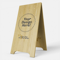 wooden long cafe sidewalk sign board display in standing position realistic logo brand mockup design template psd