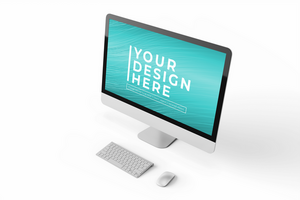 modern computer tech device with mouse and keyboard editable lcd monitor responsive screen display realistic mockup design template psd