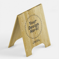wooden short cafe sidewalk sign board display in standing position realistic logo brand mockup design template psd