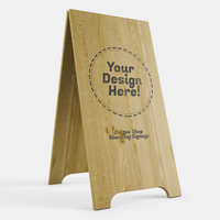 wooden long cafe sidewalk sign board display in standing position realistic logo brand mockup design template psd