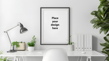 Modern Frame on White Wall in Styled Office. Generative by AI. psd