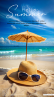 un' cappello, occhiali da sole, e ombrello posa su il sabbioso spiaggia sotto il sole, manifesto design psd