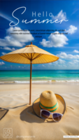 Itens gostar uma chapéu, oculos de sol, e guarda-chuva sentar em a arenoso de praia dentro a luz solar, poster Projeto psd