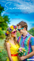 A happy couple wearing colorful summer attire embrace outdoors, poster design psd