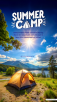 Serene camping scene by a lake with mountains under a sunny sky psd