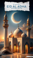 Greeting for Eid al-Adha with a mosque under a moonlit sky psd