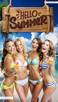 ein Gruppe von Frauen Stehen zusammen im Bikinis, genießen das Sommer- Sonne psd
