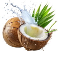 Coconut halves with water splash and greenery psd