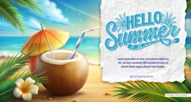 Poster welcomes summer with a tropical beach backdrop and a refreshing coconut beverage psd
